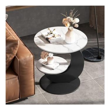 Imagem de Mesa lateral de mármore de luxo, mesa de centro redonda de 2 andares, mesa de cabeceira de sofá, mesa de canto lateral com prateleiras pequena mesa de destaque de café para casa e escritório (cor