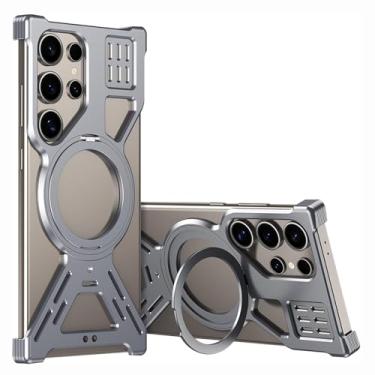 Imagem de HUHUCASE Capa para celular Samsung S22/S23/S24/25Ultra oca Metal Suporte Rotativo Magnético Capa Protetora Antiqueda (Cinza, S23Ultra)