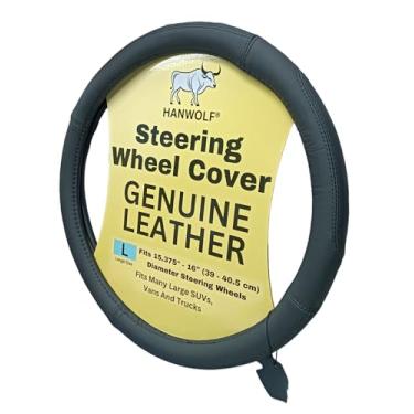 Imagem de Capa para volante, couro genuíno verdadeiro, preto, 40,6 cm, universal, elástico, resistente ao calor, permanece fresco, antiderrapante, HANWOLF