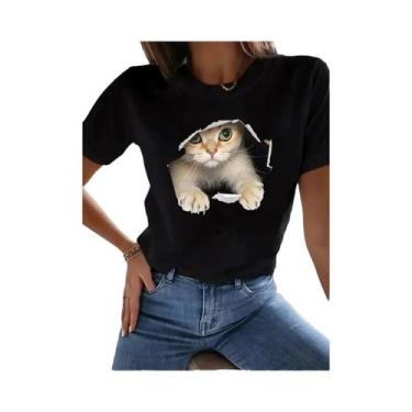 Imagem de Camiseta Feminina Casual Com Estampa De Gato, Gola Redonda, Manga Curt