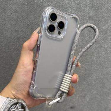 Imagem de Pulseira anti-perda com cordão e capa transparente à prova de choque para iPhone 12, 13, 14, 15, 16 Pro Max Plus, capa protetora de silicone macio, cinza, para iPhone 16
