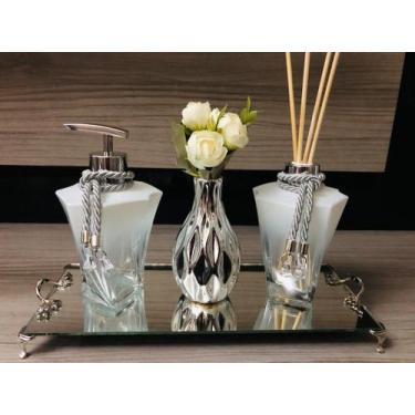 Imagem de Kit Lavabo Luxo Prata Branco 4 Peças Aromatizador Sabonete - Ateliê Cr