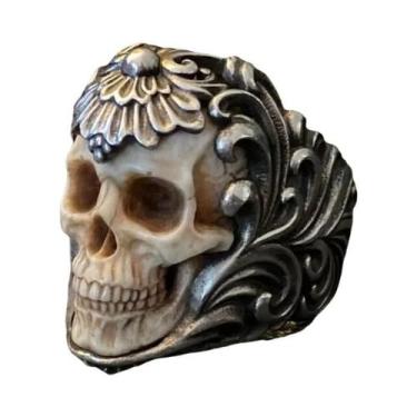 Imagem de Anel Masculino De Caveira Banhado a Prata Vintage Com Chifres Deslumbr