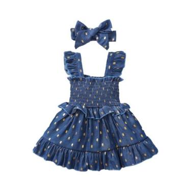 Imagem de Vestido Azul Para Bebê Menina Com Faixa De Cabelo 3-24 Meses Conjunto 