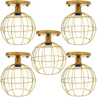 Imagem de 5 Lustres Teto Plafon Industrial Aramado Globo Retrô Luminária Sobrepor Vintage Dourado Agp Ilumini