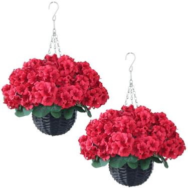 Imagem de GLIDLION 2 conjuntos de flores artificiais de gerânio com cestos pendurados para atividades ao ar livre – Seda resistente ao sol com flores de gerânio, vasos suspensos falsos para varanda, jardim