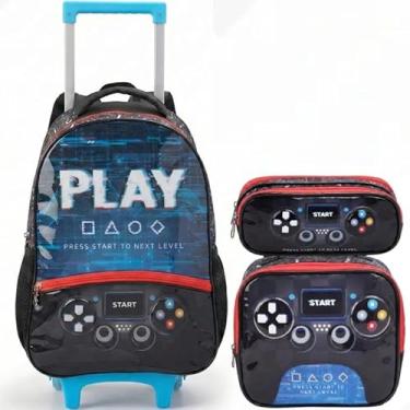 Imagem de Kit Escolar Mochila de Rodinha com Lancheira e Estojo Gamer Menino Com Canetinha Ponta Dupla