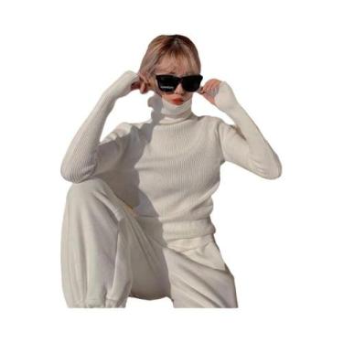 Imagem de Suéter Feminino De Tricô Gola Alta Slim Fit Quente De Inverno Cor Sóli