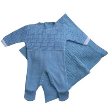 Imagem de Saída Maternidade de Tricot Luxo Macacão e Manta Bebê Menino - BEBE E 