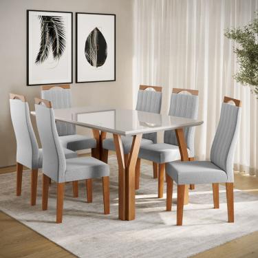Imagem de Conjunto Sala de Jantar Mesa 154cm com Tampo de Vidro Atlas com 6 Cadeiras Grécia Madetal - Mel/Nude/Cinza