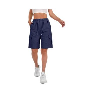 Imagem de Bermuda Cargo Feminina Com Comprimento Até O Joelho, 6 Bolsos, Cintura