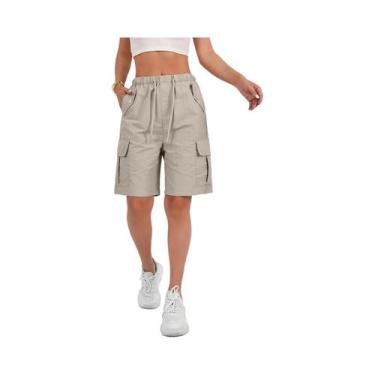Imagem de Bermuda Cargo Feminina Com Comprimento Até O Joelho, 6 Bolsos, Cintura