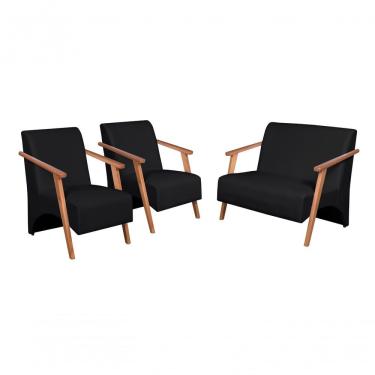 Imagem de Conjunto Poltronas E Namoradeira Venus Braços Courino Preto Unidecor