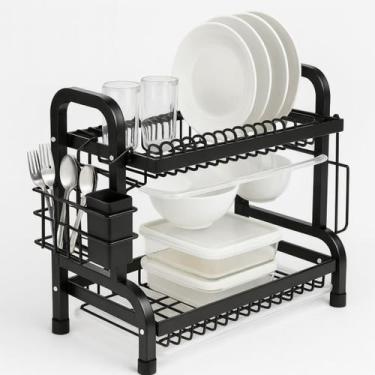 Imagem de Escorredor de Louças 2 Andares Preto Fosco Multifuncional de Bancada M