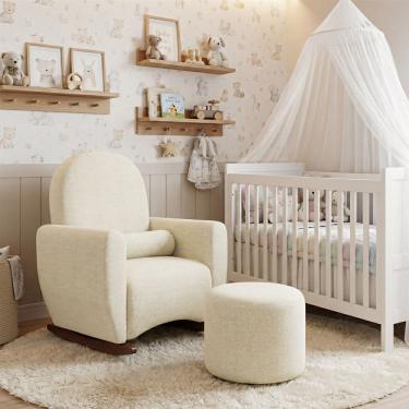 Imagem de Poltrona Amamentação De Balanço Com Puff Lara Estrutura Reforçada E Design Orgânico Chenille Bege