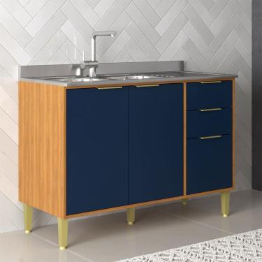 Imagem de Balcão de Cozinha para Pia 120 Cm Domus 2 Portas 3 Gavetas Nogal/Royal - Hecol Móveis