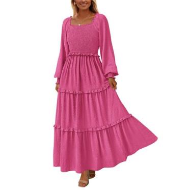 Imagem de Vestido PRETTYGARDEN 2025 Maxi com Decote Quadrado e Lastex Rosa Verme