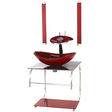 Imagem de GABINETE DE VIDRO CUBA OVAL 40CM INOX MARMORE AVERMELHADO COM TORNEIRA CASCATA