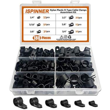 Imagem de ISPINNER 180 peças de grampos de cabo tipo R, de plástico de nylon, 1/4" 5/16" 3/8" 1/2" 5/8" 3/4" Kit sortido de fixadores para conduíte de cabo (preto)