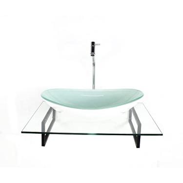 Imagem de KIT CUBA DE VIDRO OVAL BRANCA COM TAMPO 60CM INCOLOR E SUPORTE PRETO