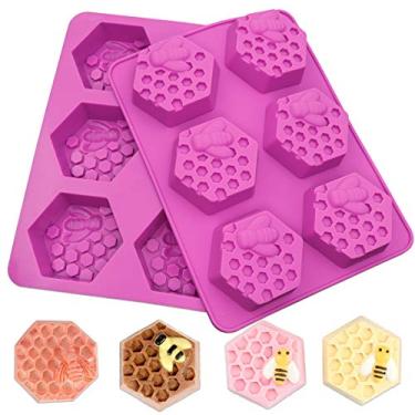 Imagem de Sakolla Pacote com 2 moldes de sabão de silicone de favo de mel, 6 moldes hexagonais de silicone de abelha para sabonete, barras de loção, cera de abelha (roxo)