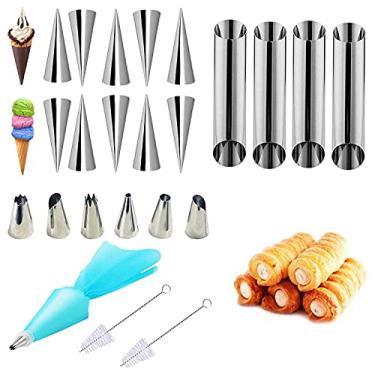 Imagem de Moldes de canto creme, 24 moldes de rolo de creme de aço inoxidável, moldes de croissant espiral, moldes de cone, moldes de bolo, para moldes de rolo de creme, kit de ferramentas de bolo, moldes com bico de gelo e escova de limpeza