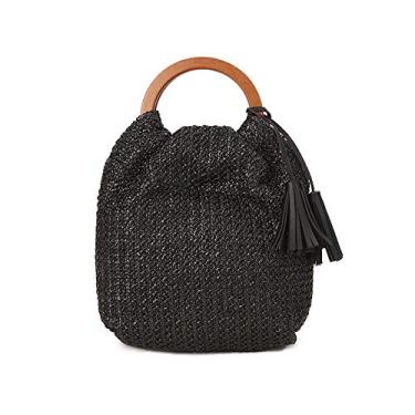Imagem de QTKJ Bolsa de palha grande tecida à mão com borlas de couro preto Boho marrom alça redonda de madeira sacola retrô de verão bolsa de vime (preto), preta, bege, café claro, 28 cm x 26 cm x 13 cm, Preto, bege, café claro, 11''x 10.2''x 5.1''