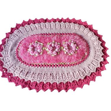 Imagem de Tapete de Luxo crochê Artesanal Branco com Flor rosa