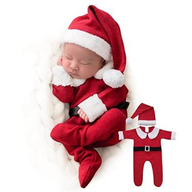 Imagem de ForBaysy Newborn Baby Christmas Photo Props Outfit Infant Boys Girl Photoshoot Costume Red jumpsuit With Xmas Hat