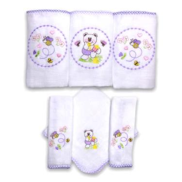 Imagem de Kit 6 Fraldas De Pano para Bebê Bordada (3 de Ombro + 3 De Boca) (Jardim Lilás (Abelha e Ursinho))