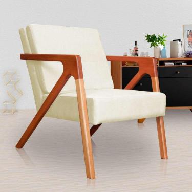 Imagem de Poltrona Decorativa Braços de Madeira Sala de Estar Monalisa Suede Marfim - LM DECOR