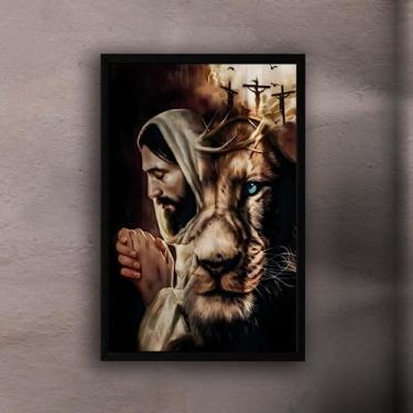 Imagem de Quadro Decorativo 60x40 com Moldura de Madeira Jesus Orando Leão com Coroa de Espinhos e Três Cruzes para Decoração Quarto Sala Escritório Hall Cor da Moldura:Preto