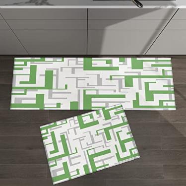 Imagem de Conjunto de 2 tapetes de cozinha padrão geométrico de meados do século verde cinza branco para tapetes e tapetes acolchoados para piso antiderrapante absorvente corredor confortável tapete de pé