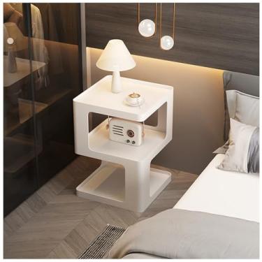 Imagem de Mesa de canto de cama de ferro com gaveta Mesa de cabeceira lateral de uma peça mesa de cabeceira de três camadas espaço de armazenamento aberto mesa de canto de cama pequena mesa de café estreita prateleira de armazenamento simples (cor: branco, tamanho: 40x40x56cm (15x15x22i