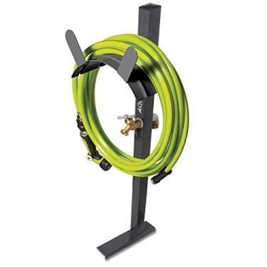 Imagem de Aqua Joe SJ-SHSBB-GRY Suporte de mangueira de jardim de aço com torneira de latão sólido e base de âncora de instalação rápida, cinza