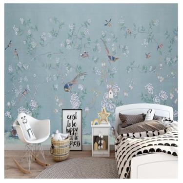 Imagem de TUYIFA Papel de parede 3D papel de parede pintado à mão pincelada pássaros e flores sala de estar quarto TV sofá fundo mural de parede (118" x 83" (300x210cm), pano de seda)