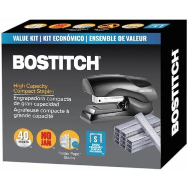 Imagem de Bostitch Grampeador de escritório resistente de 40 folhas com 1250 grampos e removedor de garras, tamanho pequeno grampeador, cabe na palma da sua mão, pacote econômico, vermelho (B175-BLK-VP)