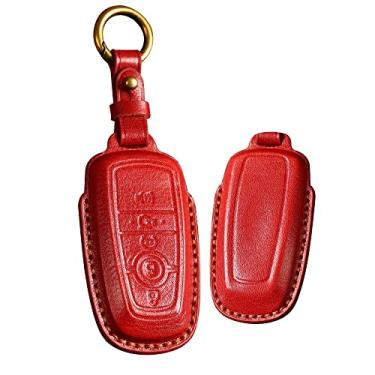 Imagem de HIBEYO Capa de couro de 5 botões compatível com Ford Escape Expedition Explorer F-150 F-250 F-350 F-450 F-550 Maverick Mustang Lincoln Aviador acessórios de carro com chaveiros - vermelho