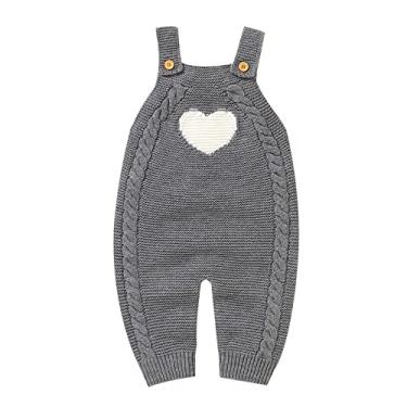 Imagem de Macacão infantil de malha de algodão sem mangas para meninos e meninas com estampa de coração, suéter pompom infantil, Cinza, 0-3 Months