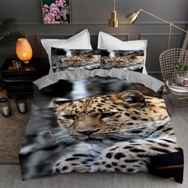 Imagem de Jogo de cama de capa de edredom marrom com estampa de leopardo, 3 peças, microfibra macia texturizada, 172,7 x 228,6 cm e 2 fronhas, com fecho de zíper e laços