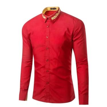 Imagem de Camisa social masculina bordada manga longa casamento noivo camisa vermelha masculina casual botão, Vermelho, M