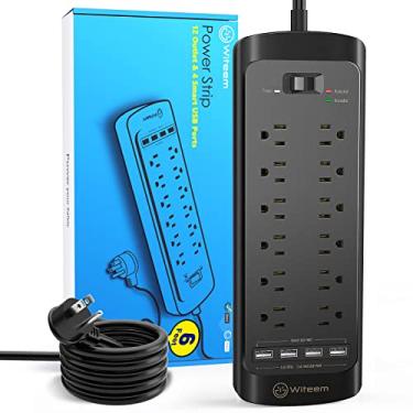 Imagem de Power Strip Witeem Surge Protector with 12-Outlet (1875W/15A, 4360Joules) and 4 USB Charging Ports (5V/3.4A, 30W)10Ft Extension Cord, Wall Mountable Overload Protection Outlet for Home & Office-Black