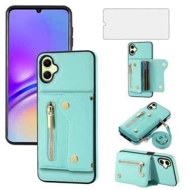 Imagem de Asuwish Capa de telefone para Samsung Galaxy A05 capa carteira com zíper com protetor de tela de vidro temperado e compartimento para cartão alça transversal de ombro cordão longo couro celular Ao5 A