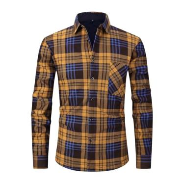 Imagem de Askdeer Camisa masculina de flanela de ajuste regular, camisas de pelúcia xadrez, manga comprida, camisa casual com bolso, Painel laranja A01, M