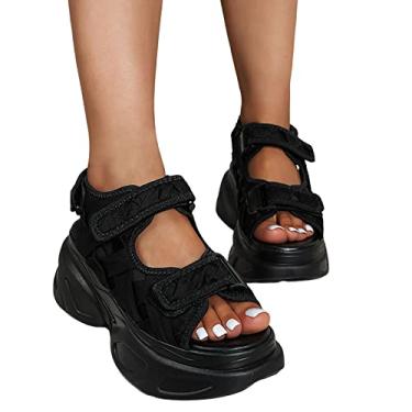 Imagem de VIBEPEAK Sandálias muffin pretas para mulheres, sandálias esportivas da moda, tamanho grande, sola grossa, sandálias femininas com gancho e glitter, sandálias muffin pretas (Color : Black, Size : 8