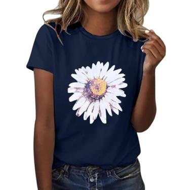 Imagem de Camiseta feminina com estampa floral, manga curta, gola redonda, leve, macia, casual, roupa de verão, ajuste técnico, Azul marino, GG