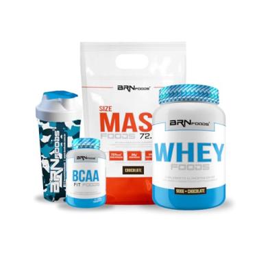Imagem de Kit Size Mass Foods Chocolate 3kg + Whey Foods Chocolate 900g + BCAA 100g + Coqueteleira 600ml – BRN Foods