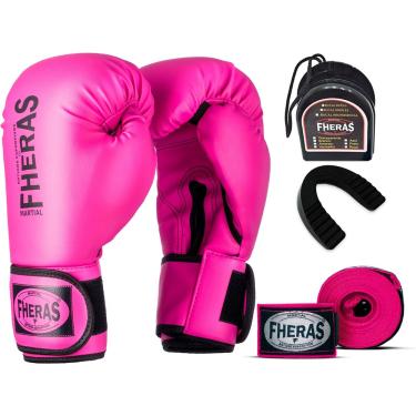 Imagem de Kit Luva de Boxe Muay Thai mma Bandagem e Bucal Rosa 10oz