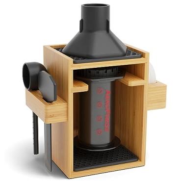 Imagem de HEXNUB – Suporte organizador compacto AeroPress, suporte de bambu para cafeteira AeroPress, acessórios, filtros, copos, inclui tapetes - preto