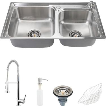 Imagem de Cuba para cozinha gourmet pia aço inox com acessórios Potiguara e Torneira monocomando Envira PIngoo.casa